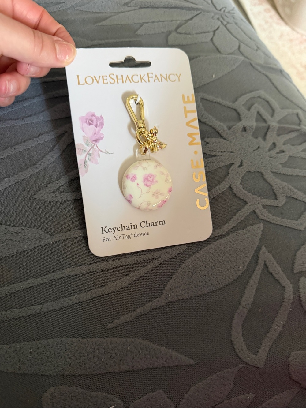 LoveShackFancy Cream Floral AirTag Keychain with Gold Clip